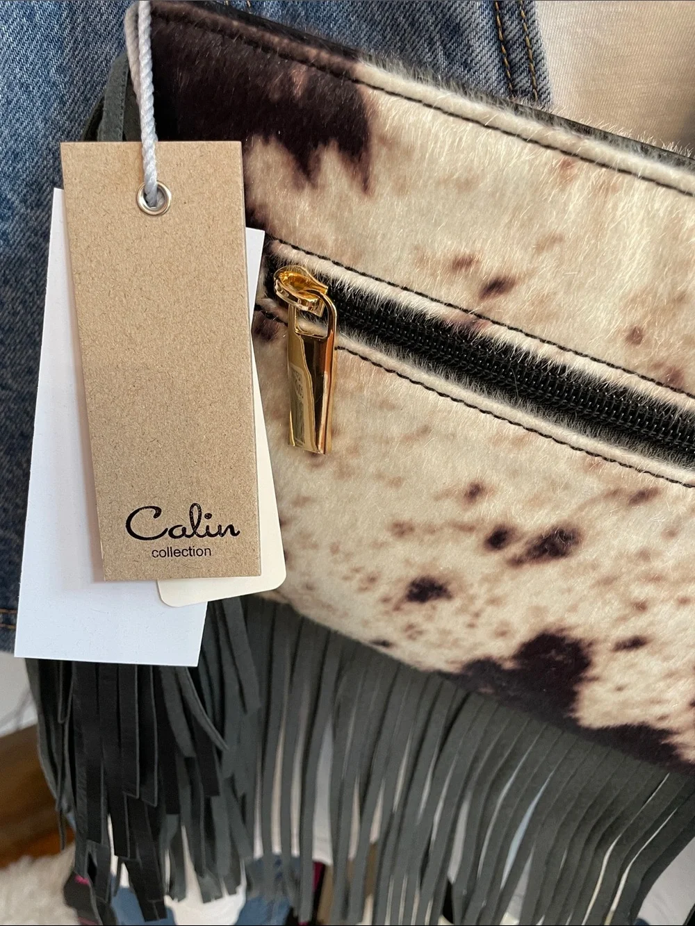 Fringed Calf Hair Cow Printed Crossbody Bag in Cream & Brown w/ Black Strap